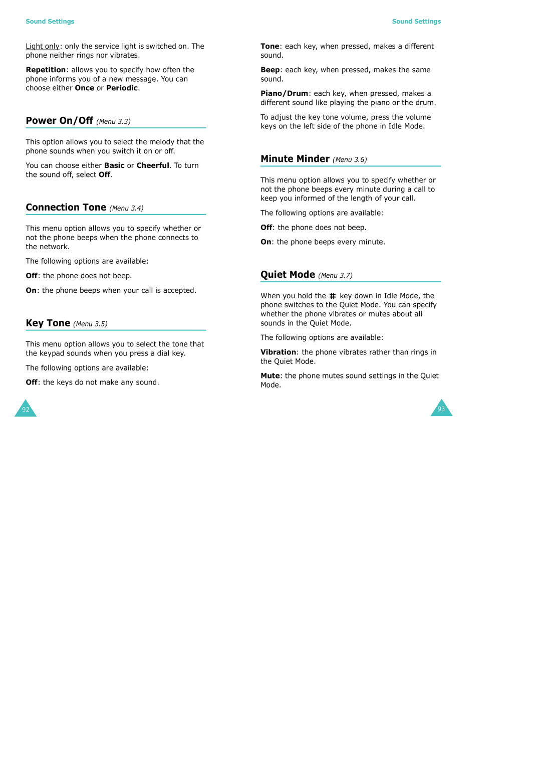 Samsung SGH-X100 manual Power On/Off Menu, Connection Tone Menu, Minute Minder Menu, Quiet Mode Menu, Key Tone Menu 