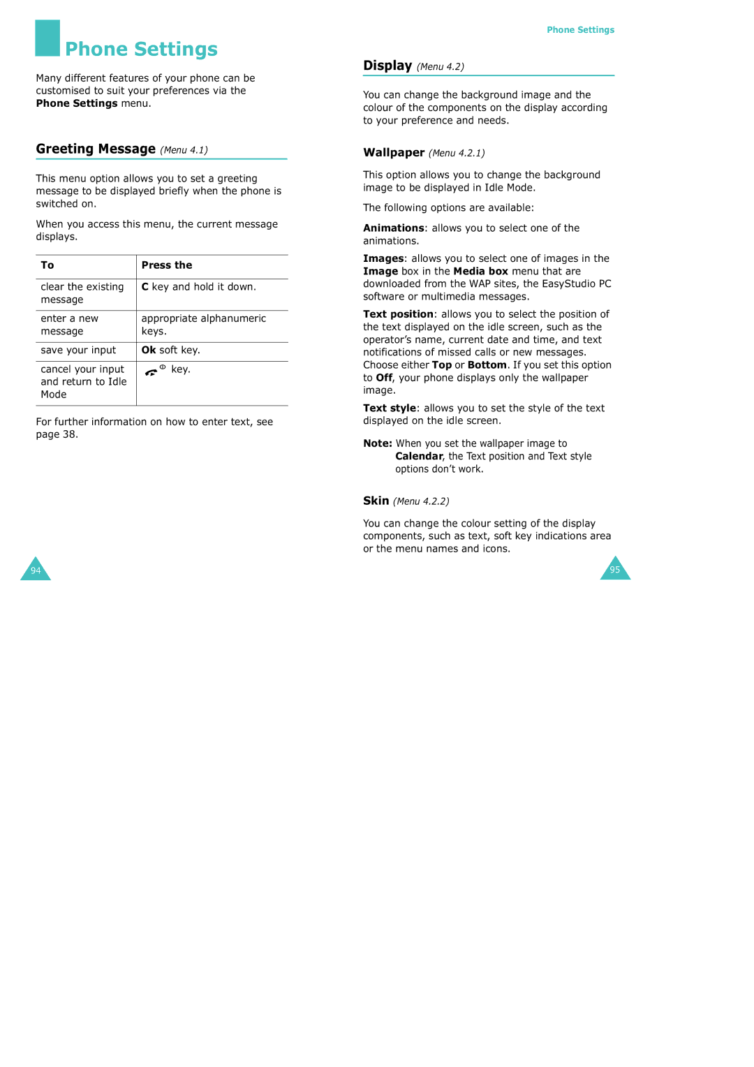 Samsung SGH-X100 manual Phone Settings, Greeting Message Menu, Display Menu, Wallpaper Menu, Skin Menu 