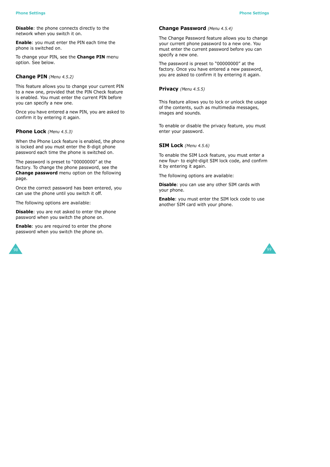 Samsung SGH-X100 manual Change Password Menu, Change PIN Menu, Phone Lock Menu, Privacy Menu, SIM Lock Menu 