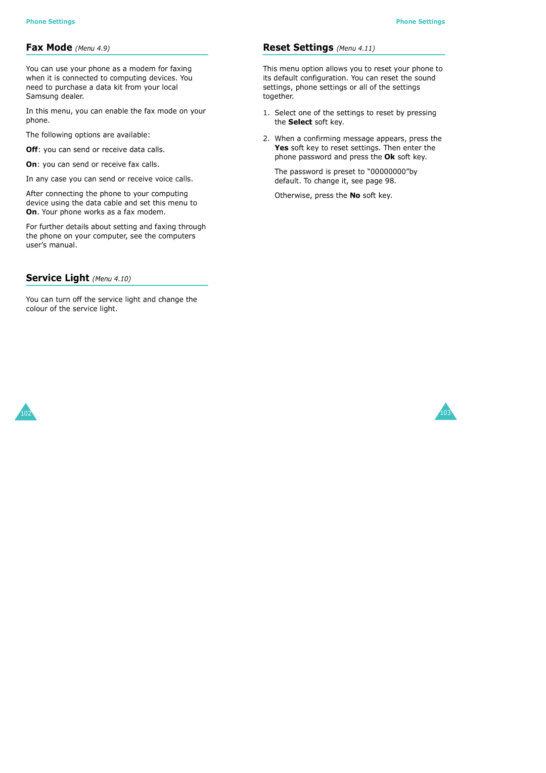 Samsung SGH-X100 manual Service Light Menu, Reset Settings Menu, Fax Mode Menu 