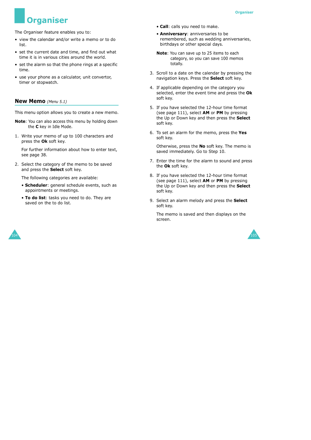 Samsung SGH-X100 manual Organiser, Call calls you need to make, New Memo Menu 