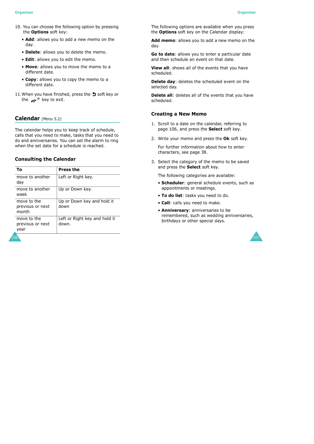 Samsung SGH-X100 manual Consulting the Calendar, Creating a New Memo 