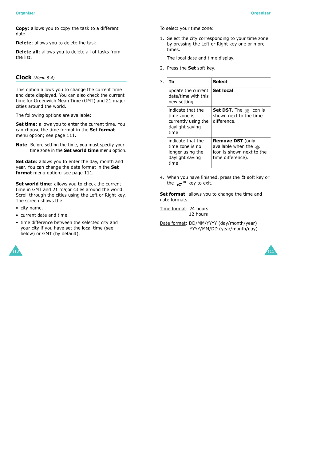 Samsung SGH-X100 manual Select, Set local, Remove DST only 