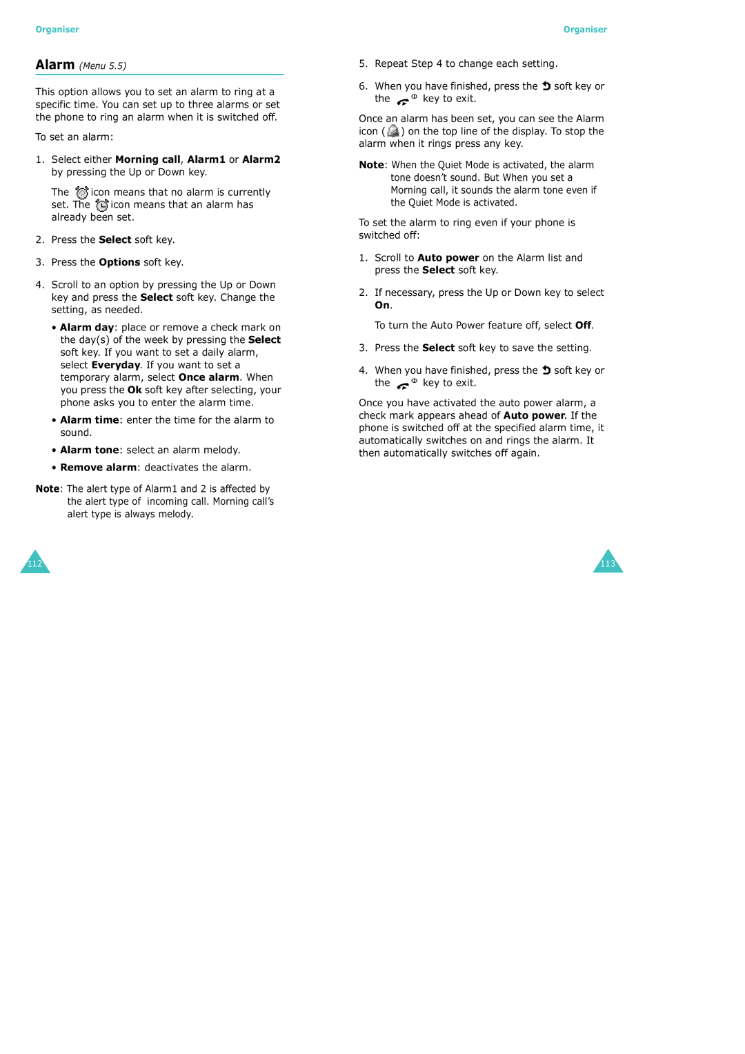 Samsung SGH-X100 manual Repeat to change each setting, Alarm Menu 