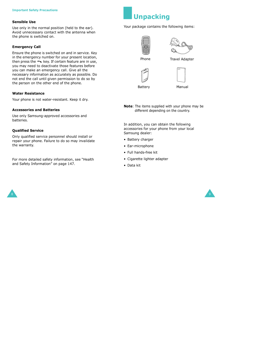 Samsung SGH-X100 manual Unpacking 