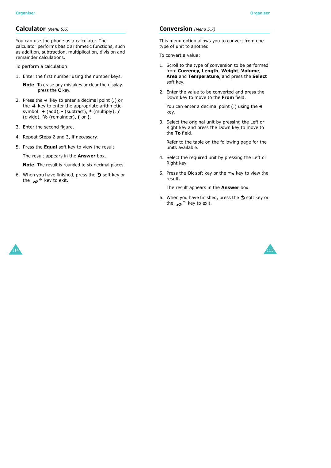 Samsung SGH-X100 manual Calculator Menu, Conversion Menu, Enter the second figure Repeat Steps 2 and 3, if necessary 