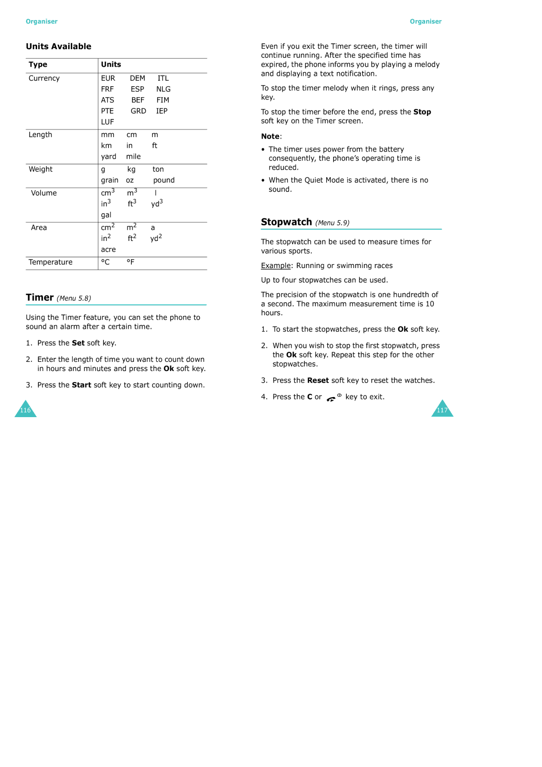 Samsung SGH-X100 manual Stopwatch Menu, Units Available, Type Units 