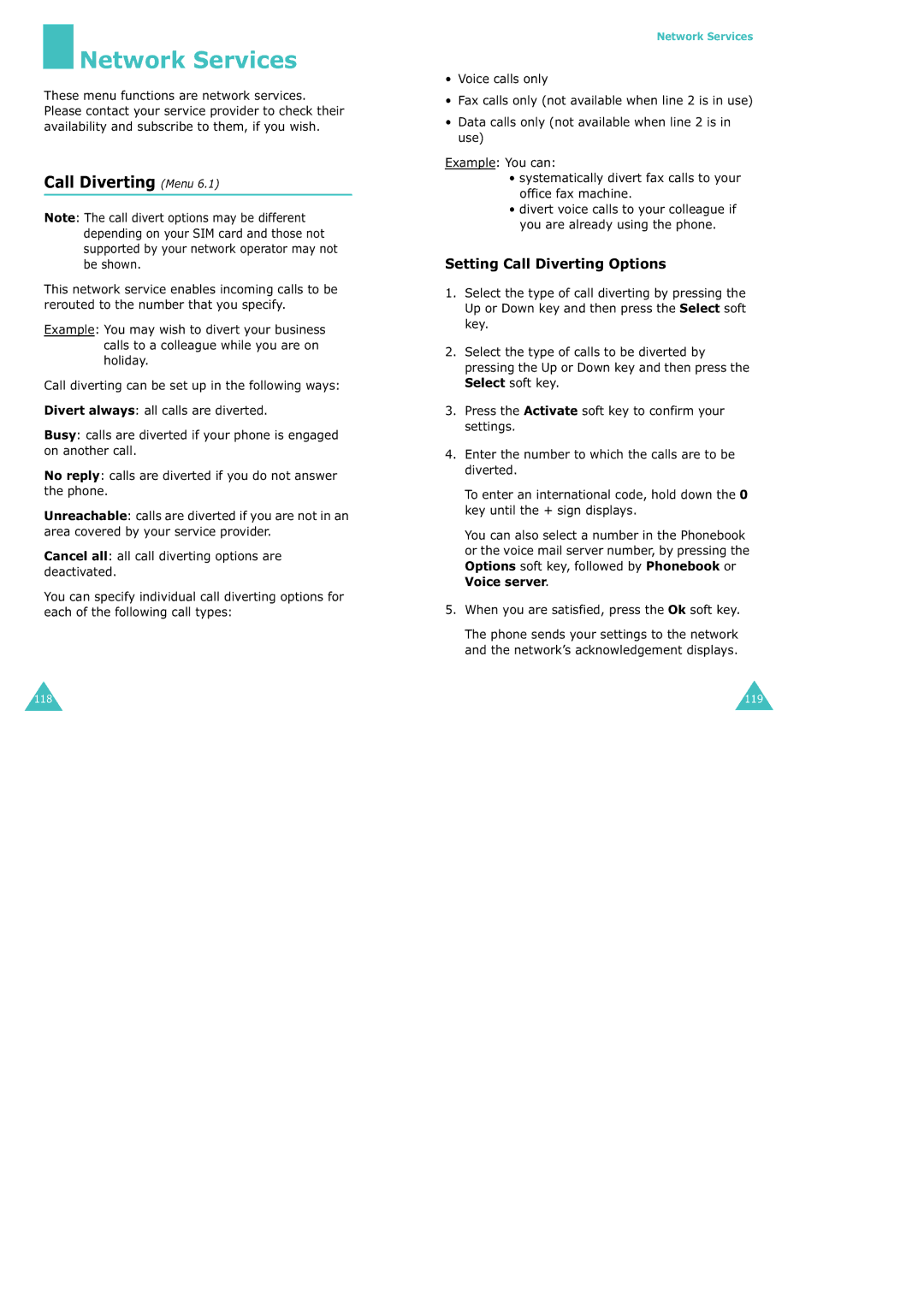 Samsung SGH-X100 manual Network Services, Call Diverting Menu, Setting Call Diverting Options, Voice calls only 