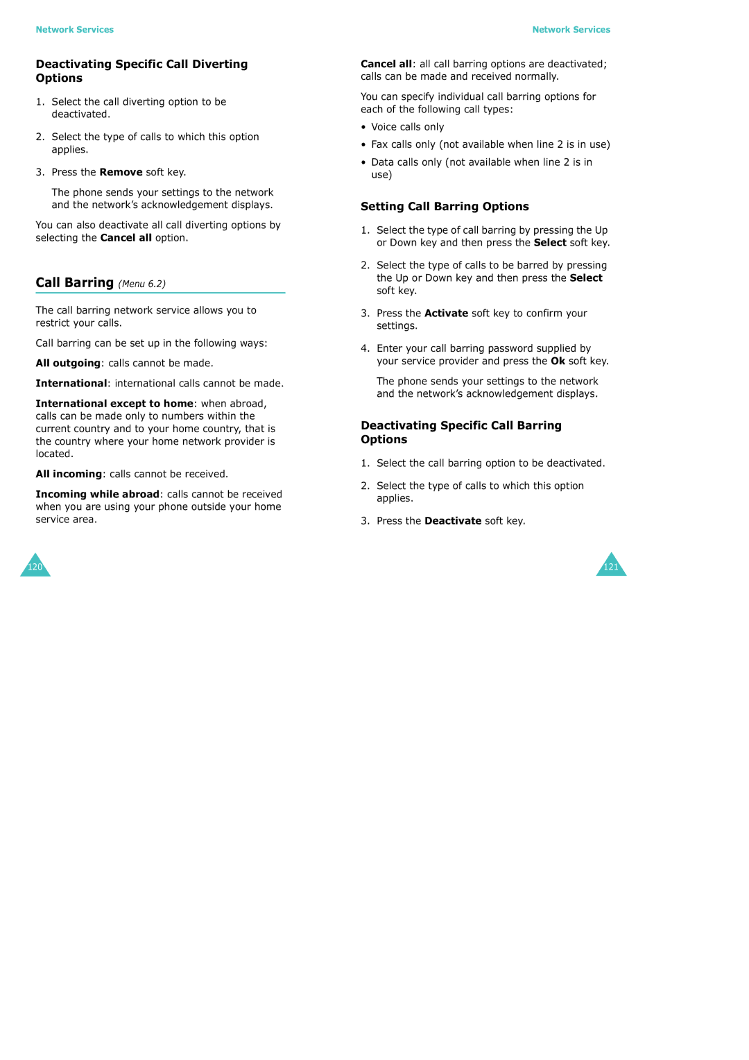 Samsung SGH-X100 manual Call Barring Menu, Deactivating Specific Call Diverting Options, Setting Call Barring Options 