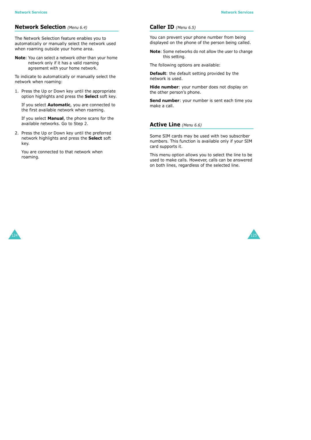 Samsung SGH-X100 manual Network Selection Menu, Caller ID Menu, Active Line Menu 