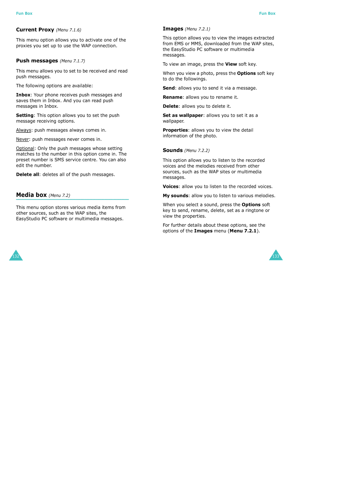 Samsung SGH-X100 manual Media box Menu, Current Proxy Menu, Push messages Menu, Images Menu, Sounds Menu 