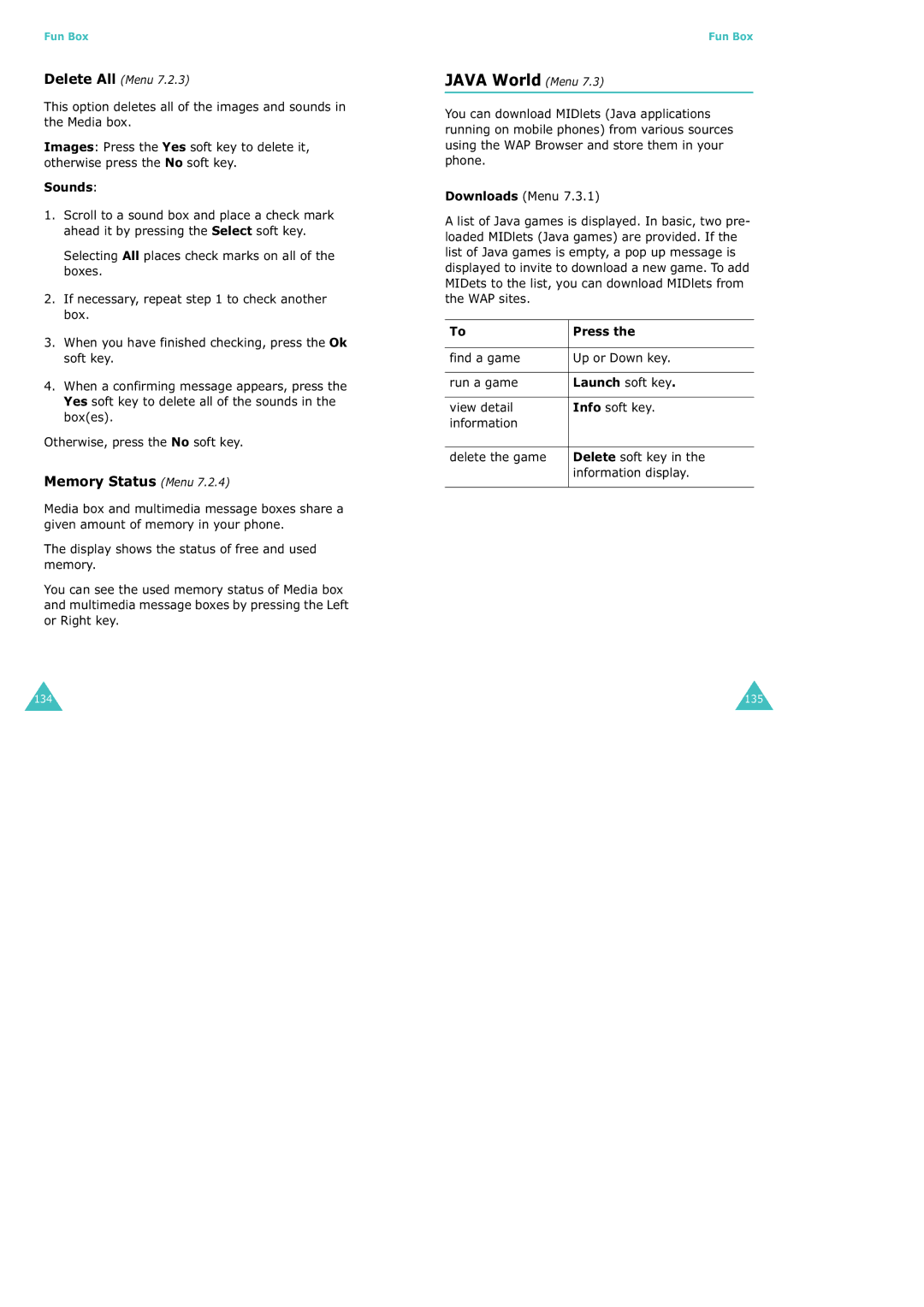 Samsung SGH-X100 manual Java World Menu, Memory Status Menu, Sounds, Find a game Up or Down key Run a game, Launch soft key 