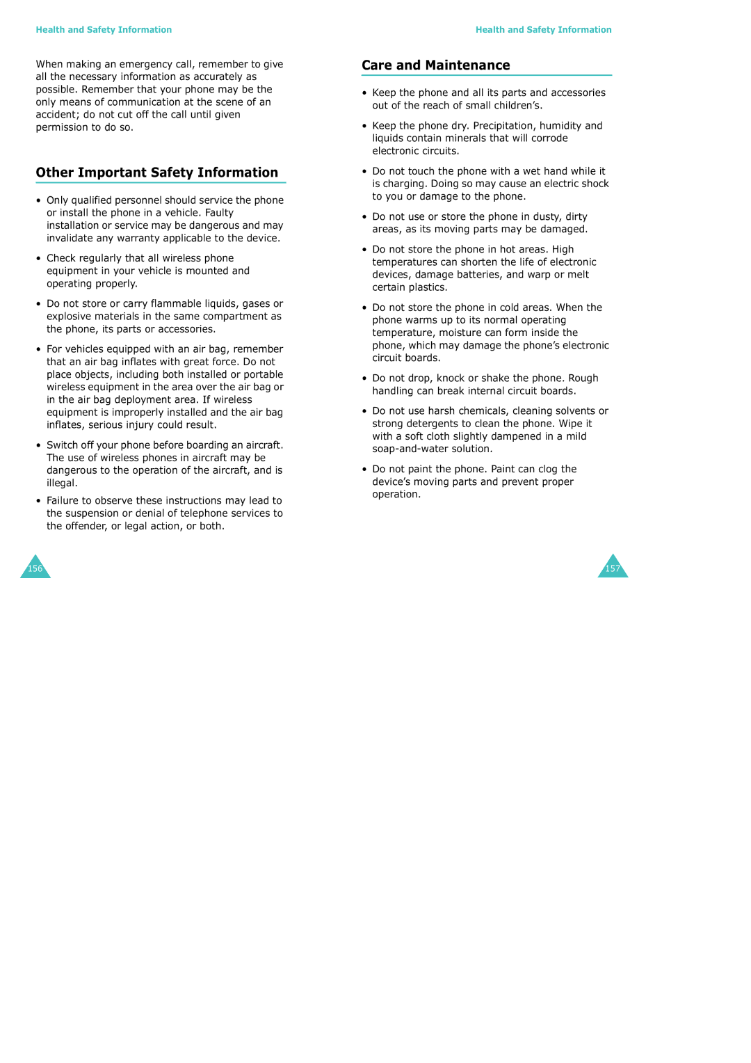 Samsung SGH-X100 manual Other Important Safety Information, Care and Maintenance 
