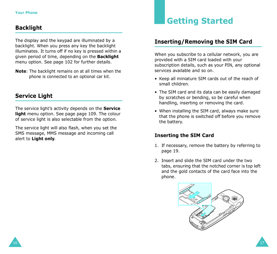 Samsung SGH-X100A manual Getting Started, Backlight, Service Light, Inserting/Removing the SIM Card, Inserting the SIM Card 