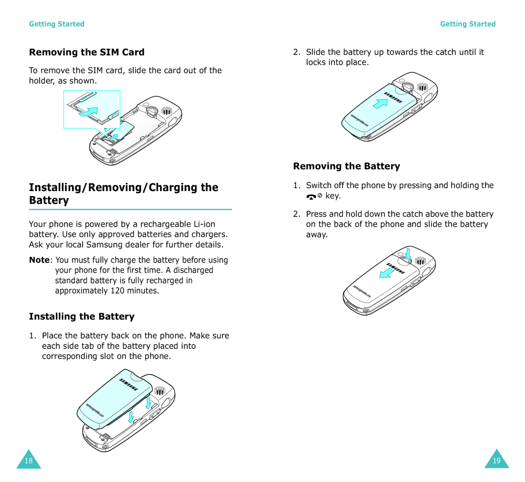 Samsung SGH-X100A manual Installing/Removing/Charging the Battery, Removing the SIM Card, Installing the Battery 