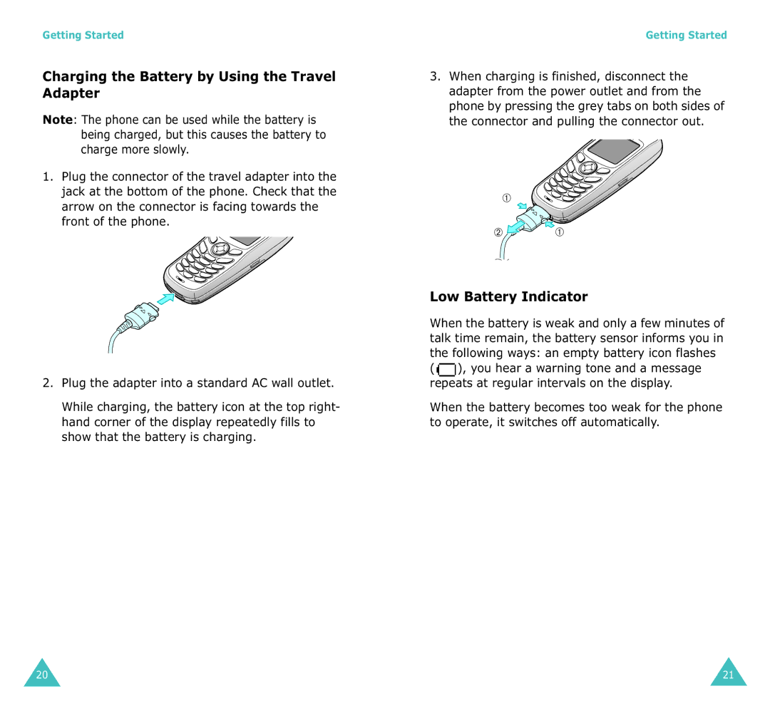 Samsung SGH-X100A manual Charging the Battery by Using the Travel Adapter, Low Battery Indicator 