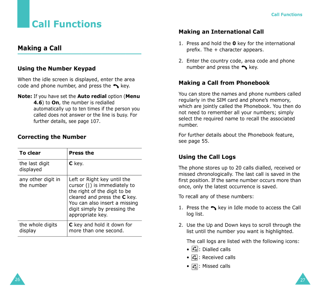 Samsung SGH-X100A manual Call Functions, Making a Call 