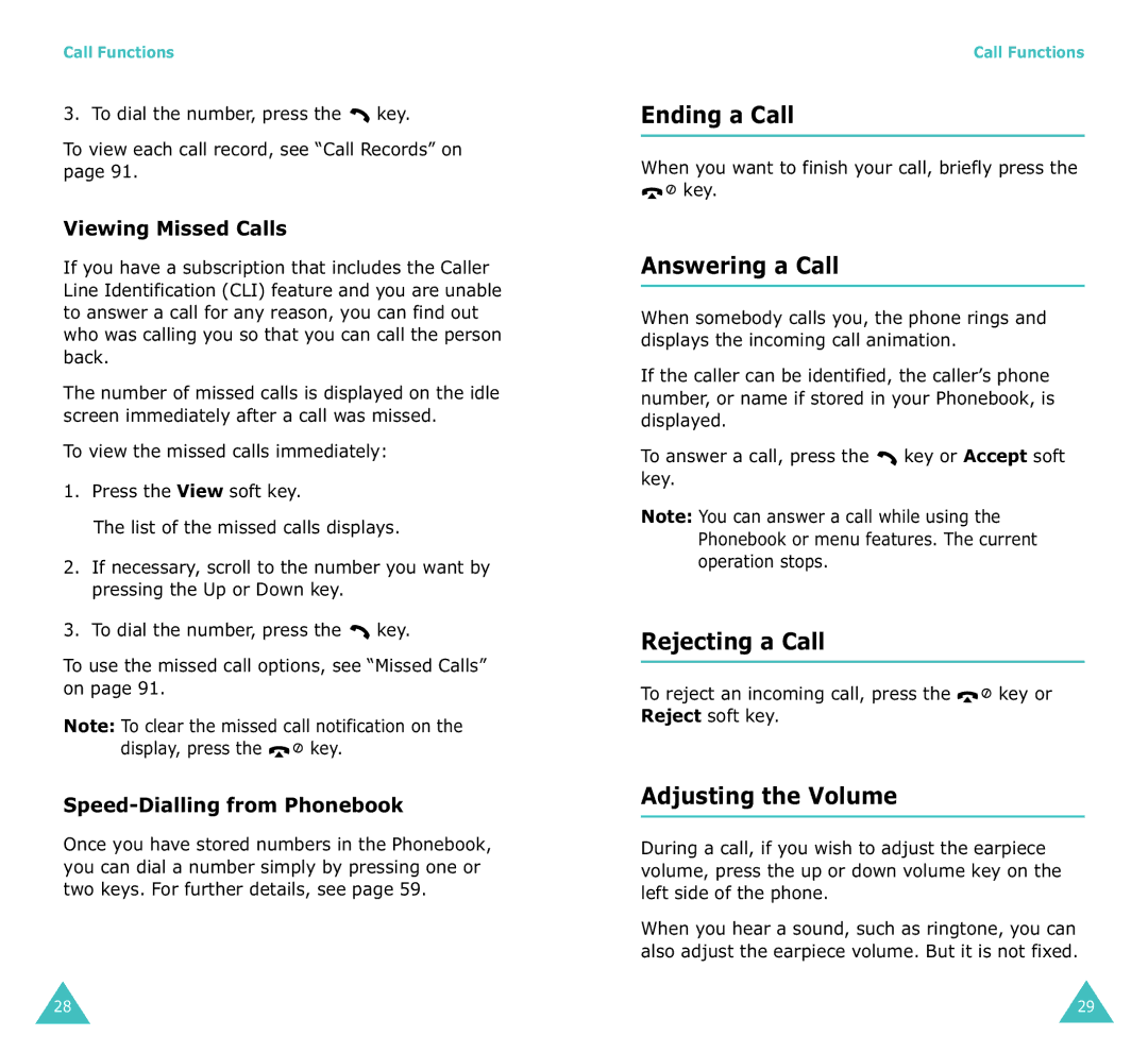 Samsung SGH-X100A manual Ending a Call, Answering a Call, Rejecting a Call, Adjusting the Volume 