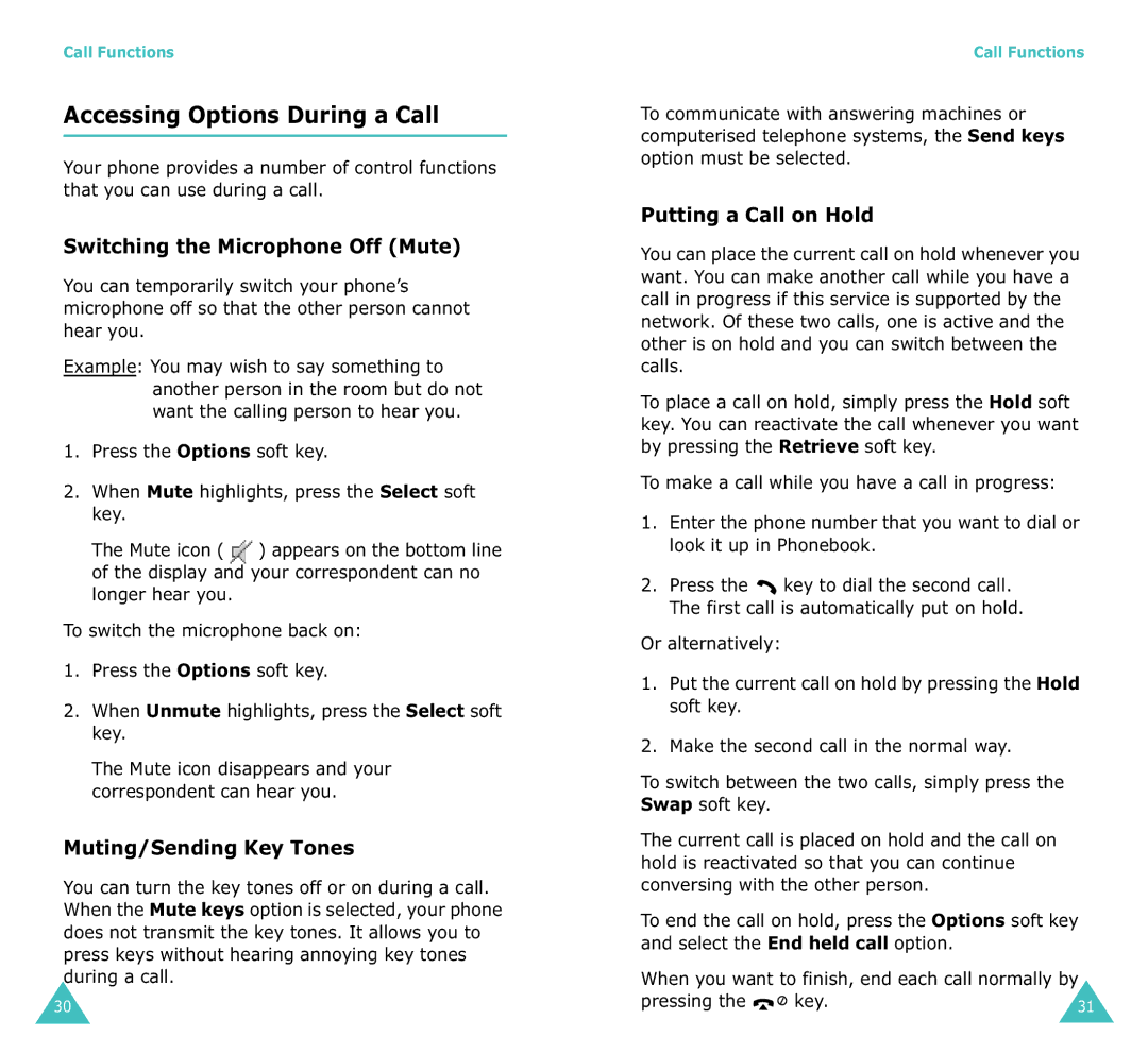 Samsung SGH-X100A manual Accessing Options During a Call, Switching the Microphone Off Mute, Muting/Sending Key Tones 