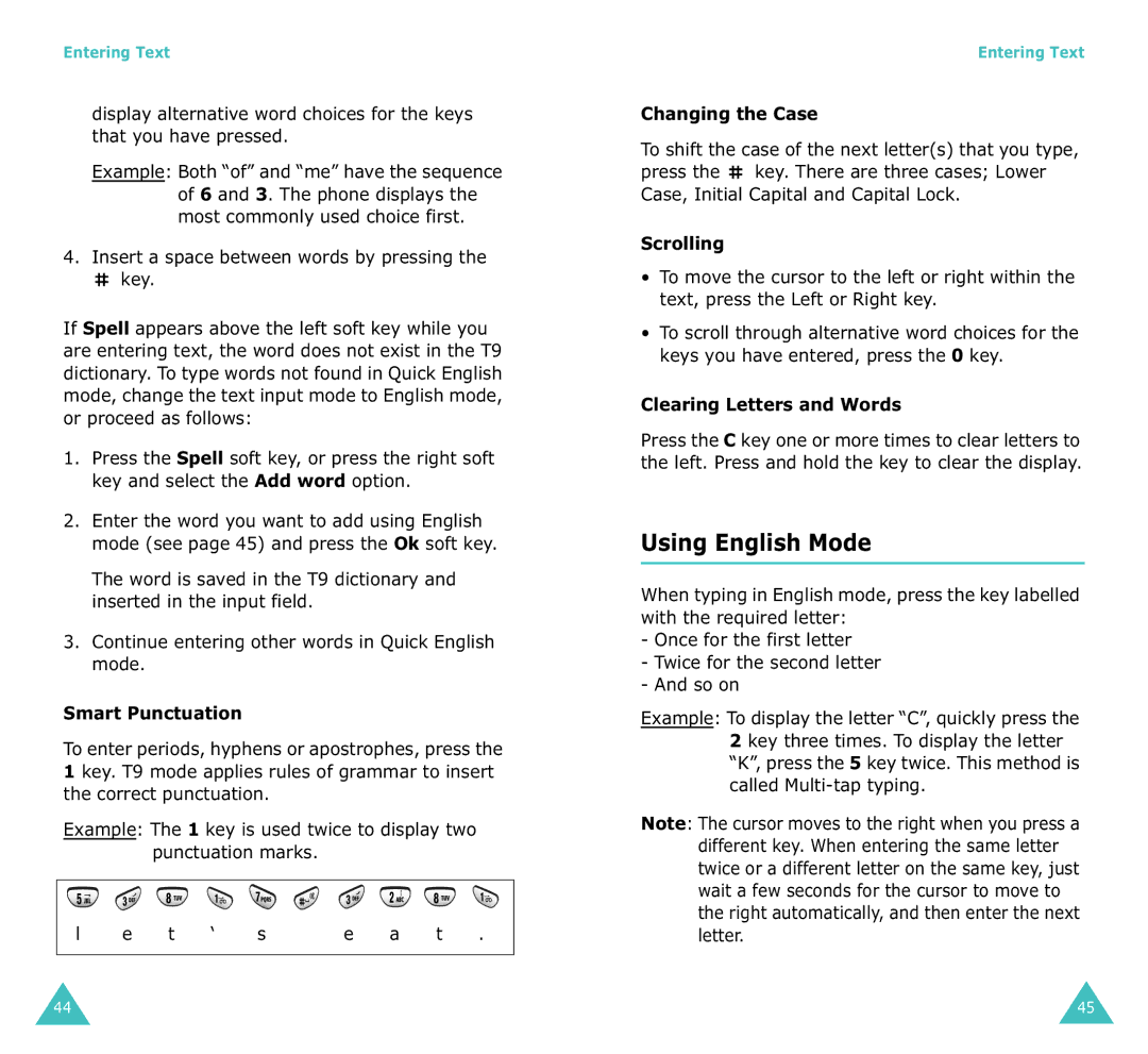 Samsung SGH-X100A manual Using English Mode, Smart Punctuation, Changing the Case, Scrolling, Clearing Letters and Words 