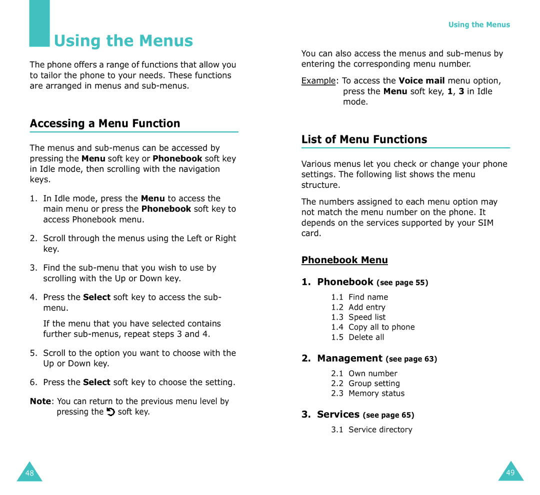 Samsung SGH-X100A manual Using the Menus, Accessing a Menu Function, List of Menu Functions, Phonebook Menu 