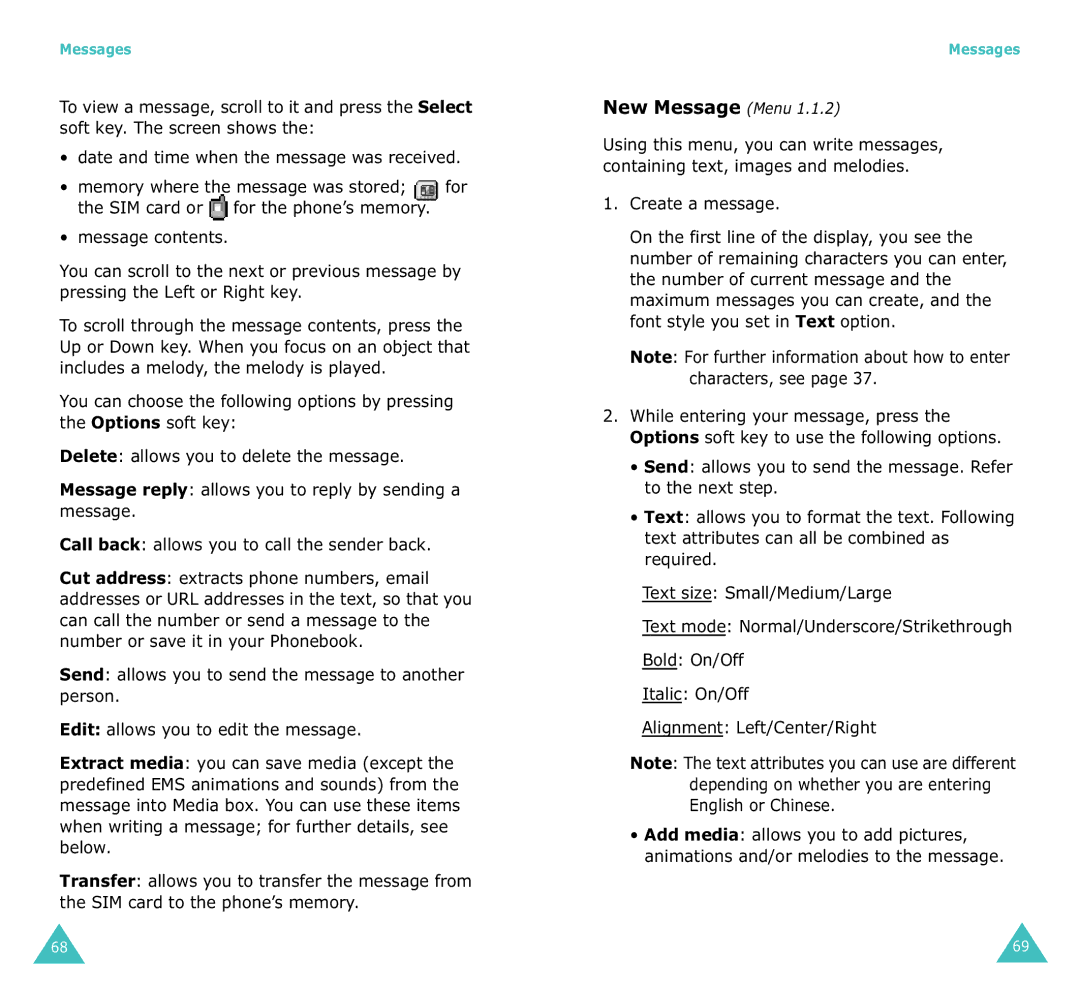 Samsung SGH-X100A manual New Message Menu, Create a message 