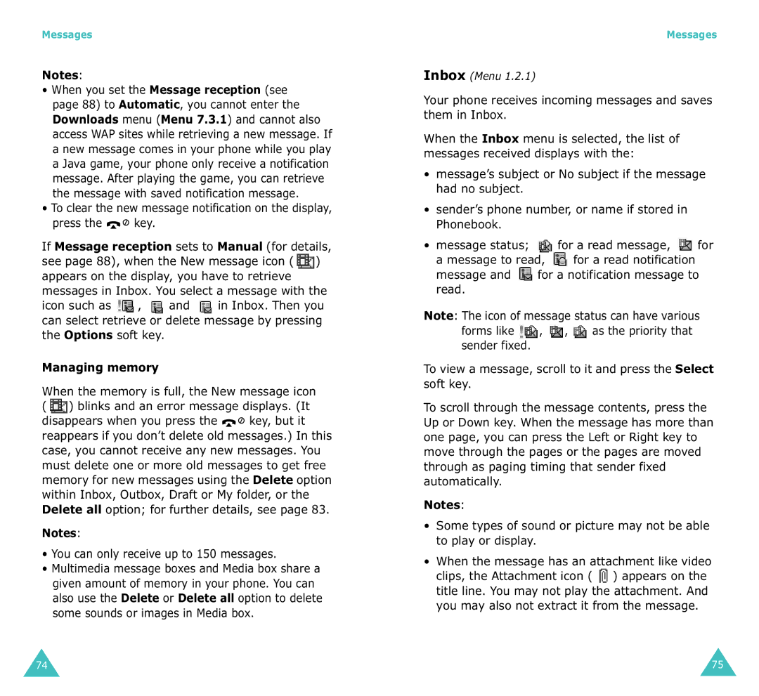 Samsung SGH-X100A manual When the memory is full, the New message icon, You can only receive up to 150 messages 