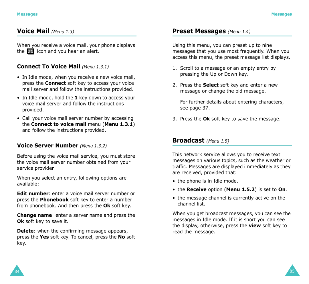 Samsung SGH-X100A manual Preset Messages Menu, Broadcast Menu, Connect To Voice Mail Menu, Voice Server Number Menu 