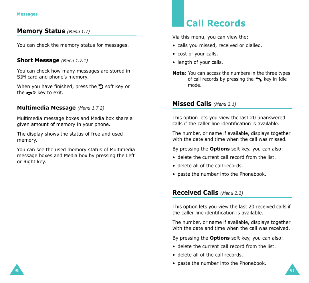 Samsung SGH-X100A manual Call Records, Memory Status Menu, Missed Calls Menu, Received Calls Menu 