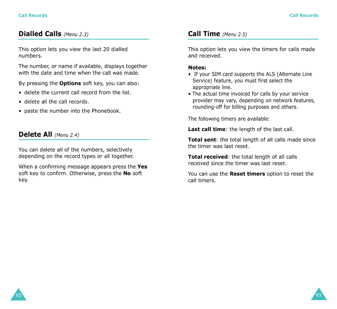 Samsung SGH-X100A manual Dialled Calls Menu, Delete All Menu, Call Time Menu 