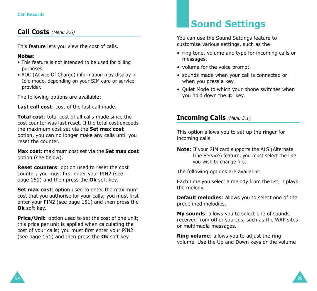 Samsung SGH-X100A manual Sound Settings, Call Costs Menu, Incoming Calls Menu 