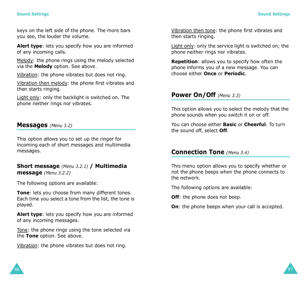 Samsung SGH-X100A manual Power On/Off Menu, Connection Tone Menu, Short message Menu 3.2.1 / Multimedia message Menu 