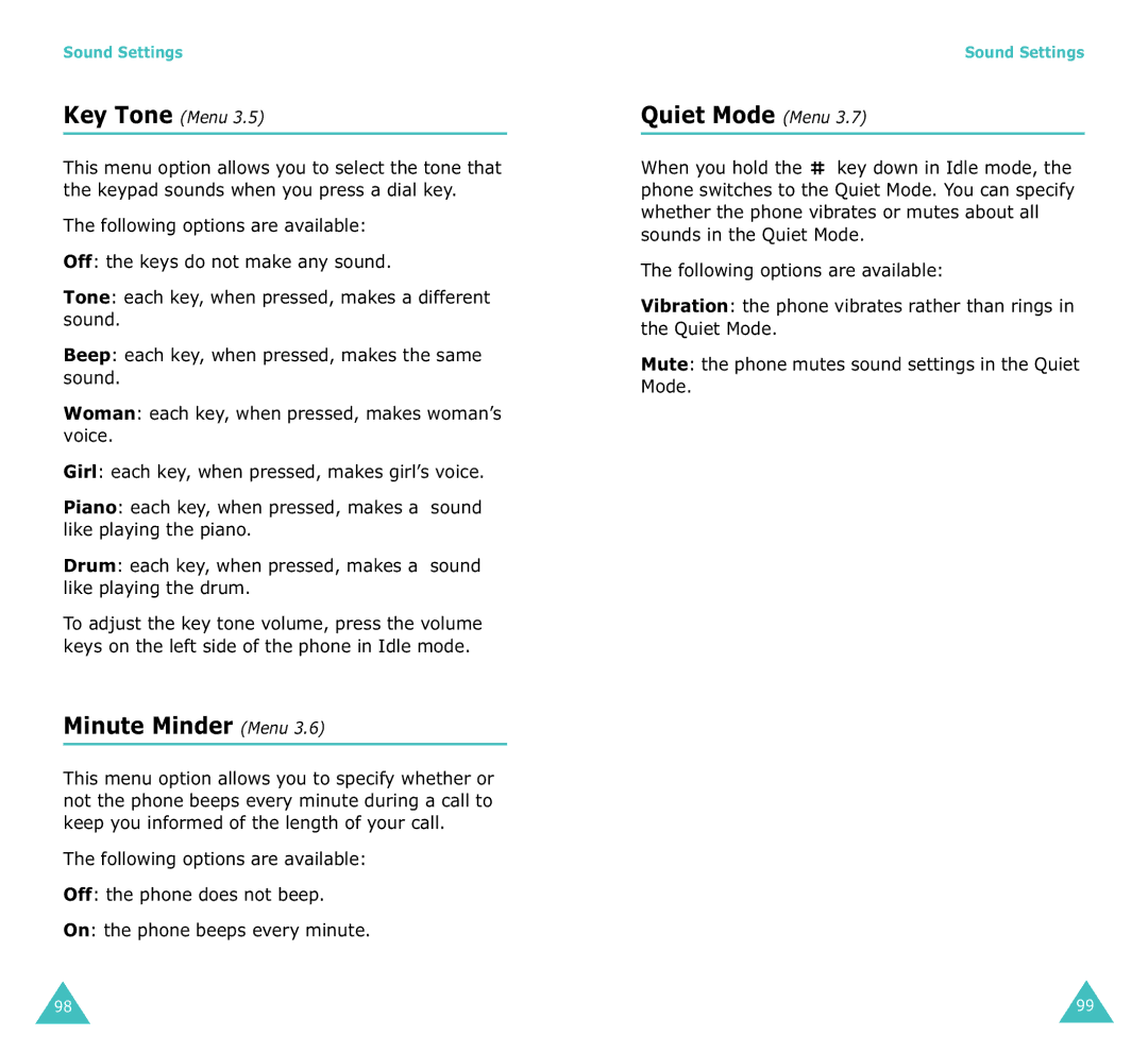 Samsung SGH-X100A manual Minute Minder Menu, Quiet Mode Menu, Key Tone Menu 