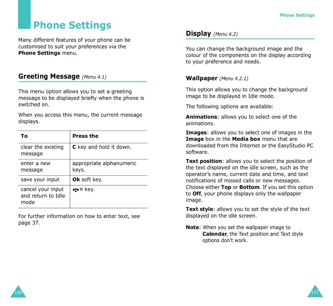 Samsung SGH-X100A manual Phone Settings, Greeting Message Menu, Mode For further information on how to enter text, see 