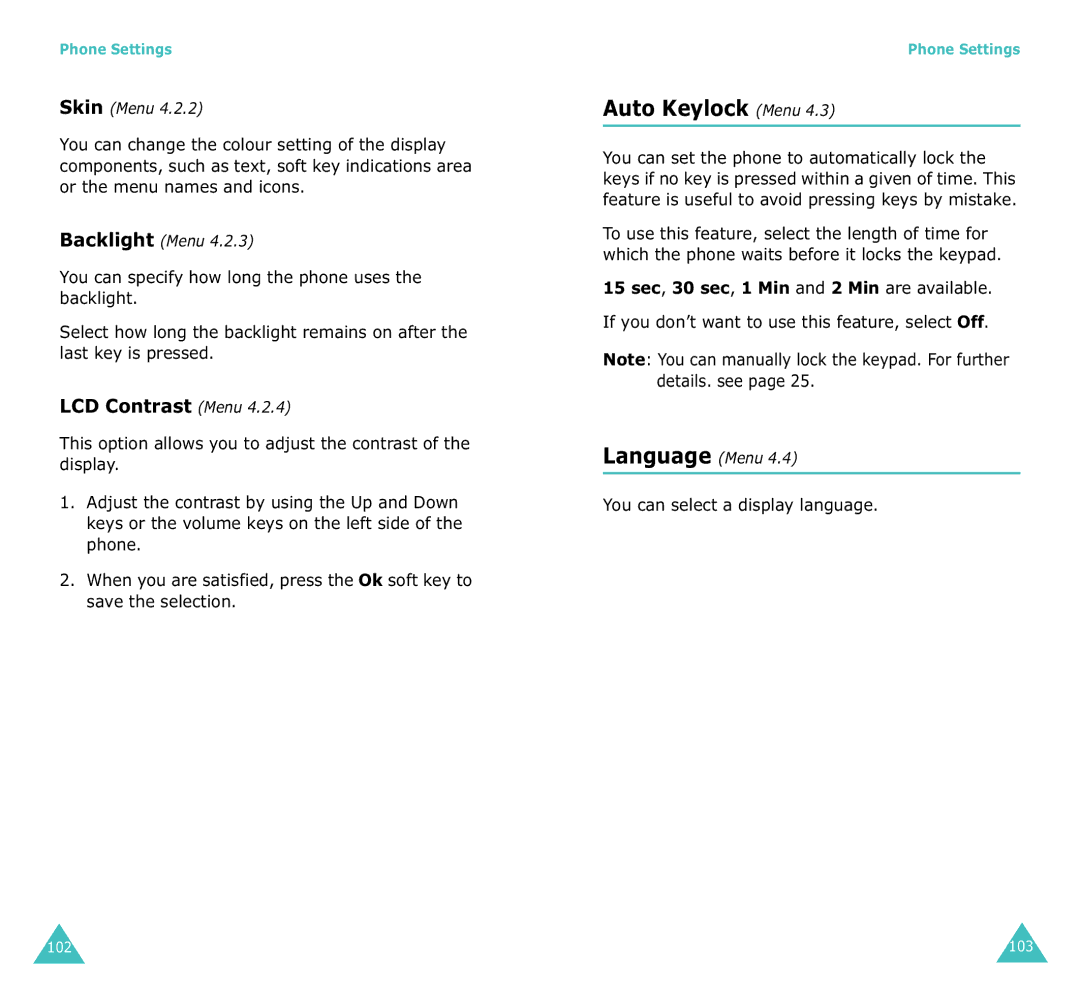 Samsung SGH-X100A manual Auto Keylock Menu, LCD Contrast Menu, 15 sec, 30 sec, 1 Min and 2 Min are available 