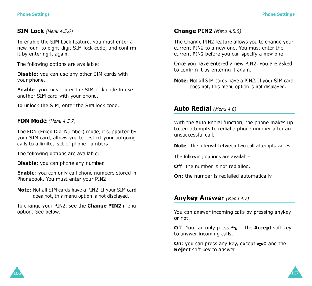 Samsung SGH-X100A manual Auto Redial Menu, Anykey Answer Menu, Change PIN2 Menu, SIM Lock Menu, FDN Mode Menu 