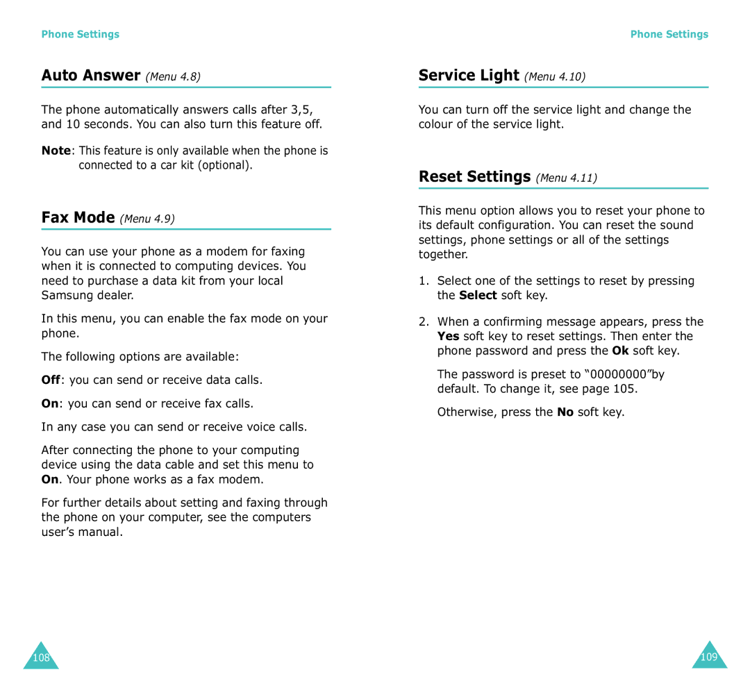 Samsung SGH-X100A manual Auto Answer Menu, Service Light Menu, Reset Settings Menu, Fax Mode Menu 