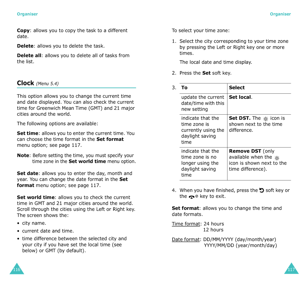 Samsung SGH-X100A manual Select, Set local, Remove DST only 