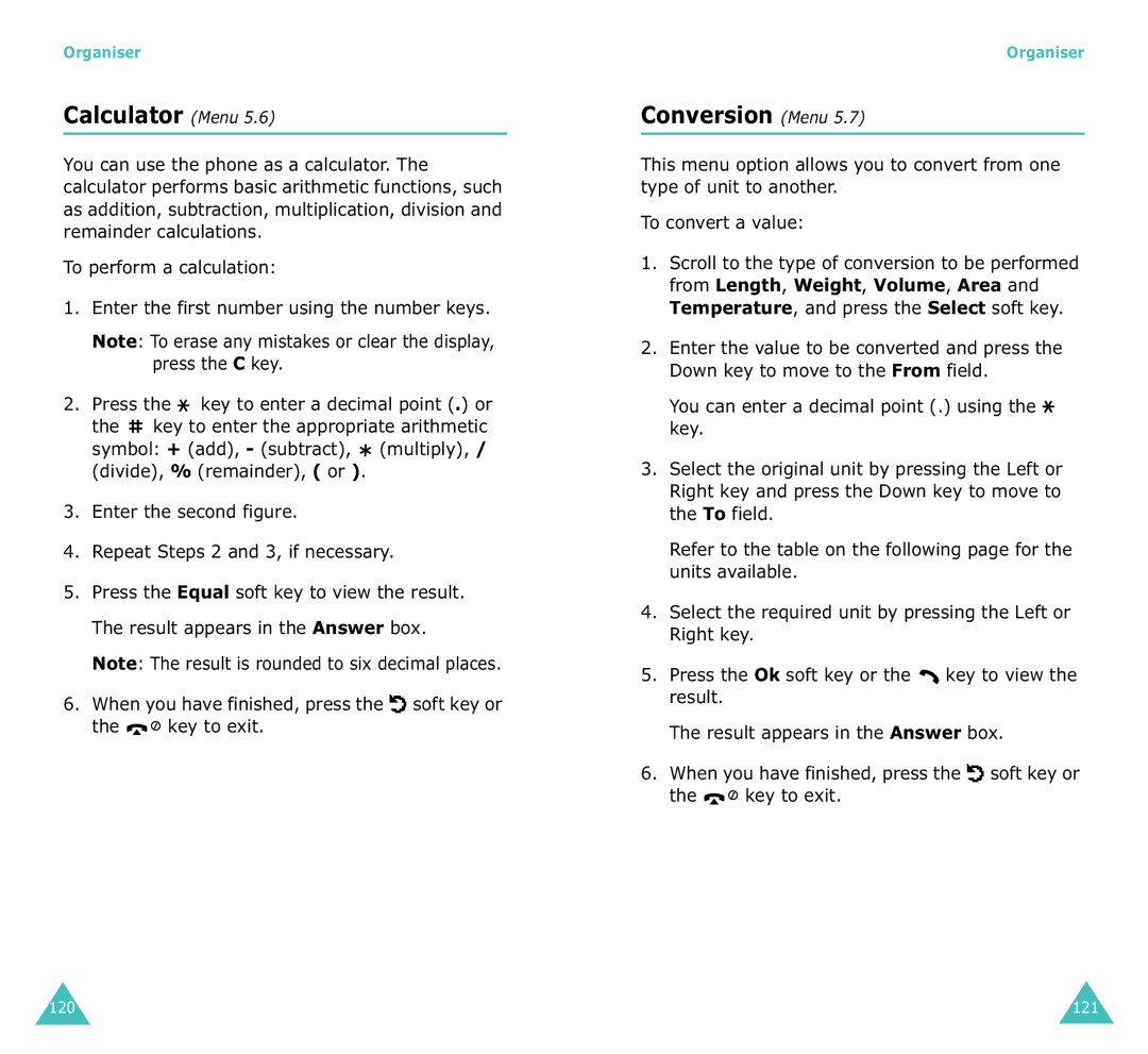 Samsung SGH-X100A manual Calculator Menu, Conversion Menu, Enter the second figure Repeat Steps 2 and 3, if necessary 