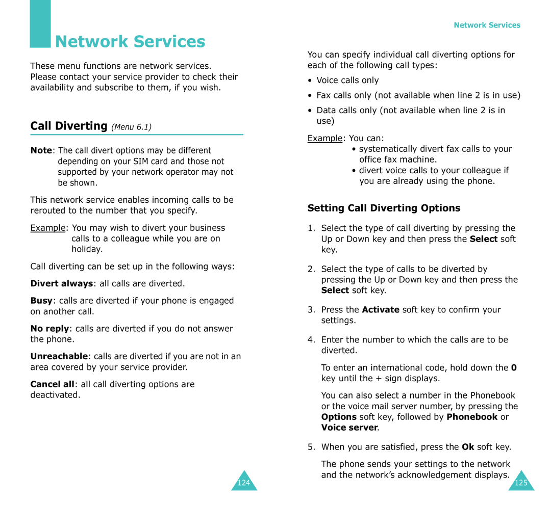 Samsung SGH-X100A manual Network Services, Call Diverting Menu, Setting Call Diverting Options 