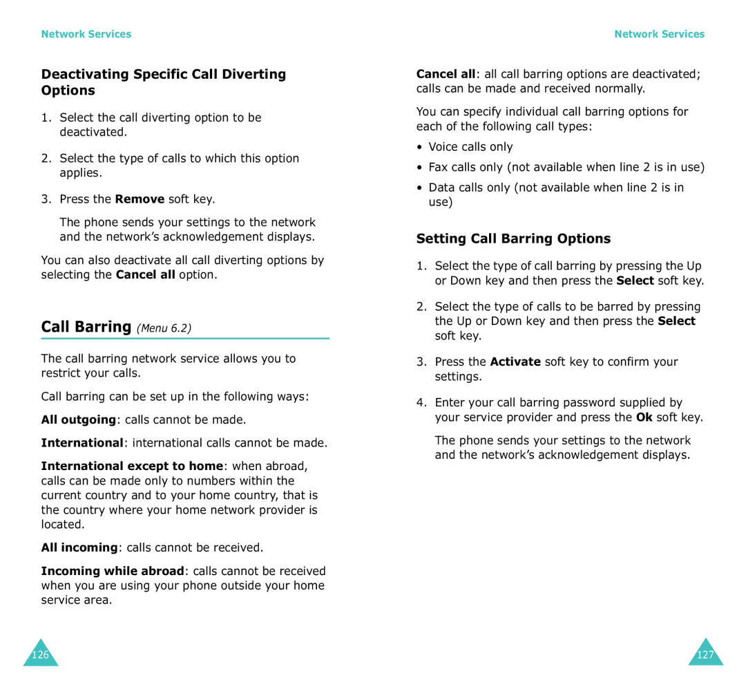 Samsung SGH-X100A manual Call Barring Menu, Deactivating Specific Call Diverting Options, Setting Call Barring Options 
