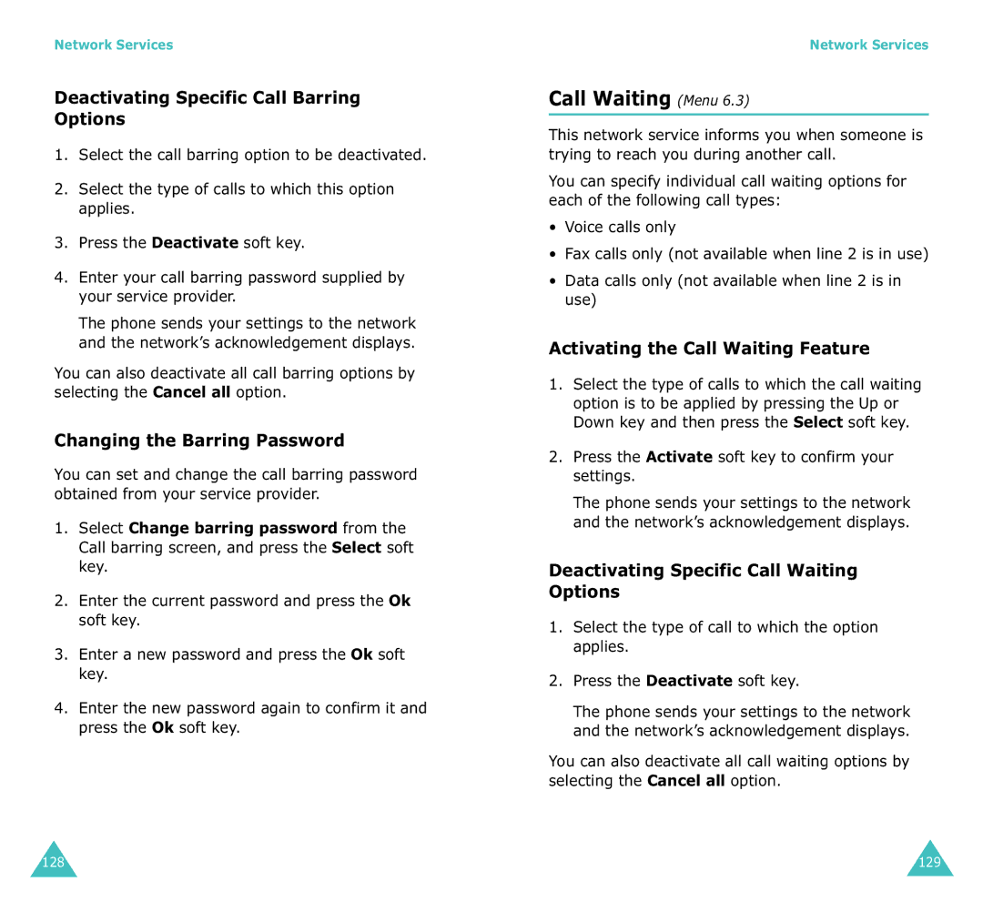 Samsung SGH-X100A manual Call Waiting Menu, Deactivating Specific Call Barring Options, Changing the Barring Password 
