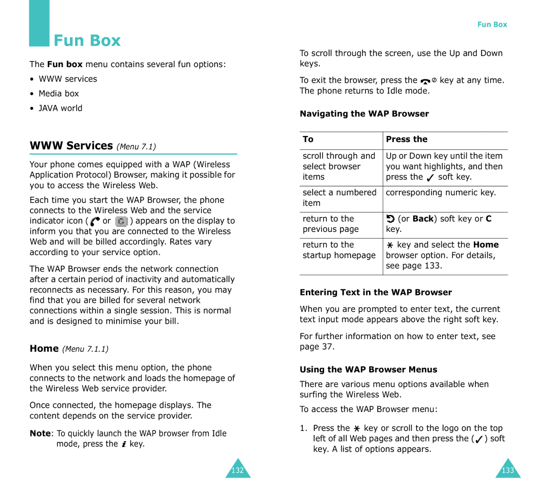 Samsung SGH-X100A Fun Box, Navigating the WAP Browser Press, Entering Text in the WAP Browser, Using the WAP Browser Menus 