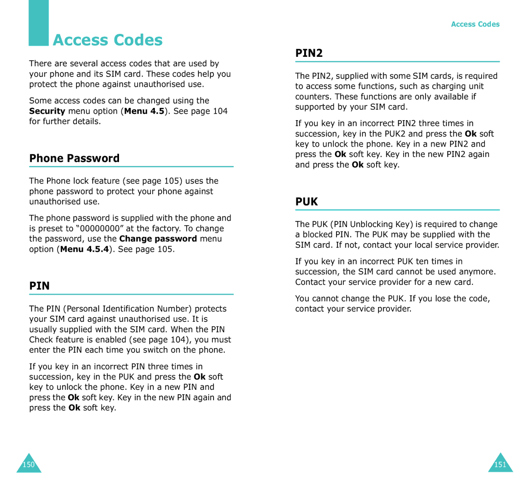 Samsung SGH-X100A manual Access Codes, Phone Password 