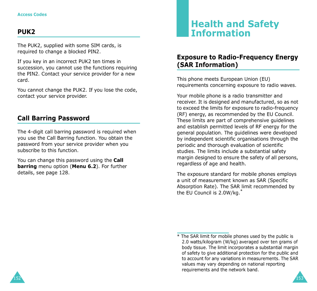 Samsung SGH-X100A Health and Safety Information, Call Barring Password, Exposure to Radio-Frequency Energy SAR Information 