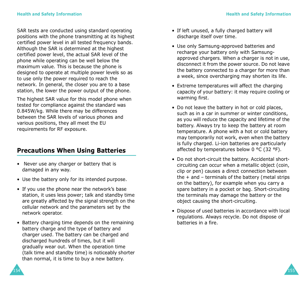 Samsung SGH-X100A manual Precautions When Using Batteries, Health and Safety Information 