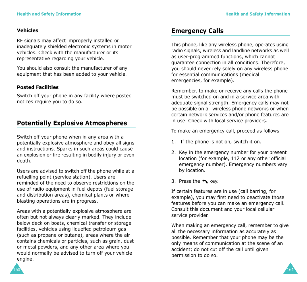 Samsung SGH-X100A manual Potentially Explosive Atmospheres, Emergency Calls, Vehicles, Posted Facilities 