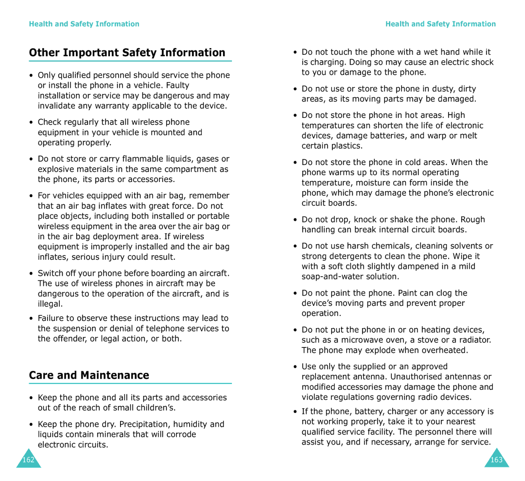 Samsung SGH-X100A manual Other Important Safety Information, Care and Maintenance 