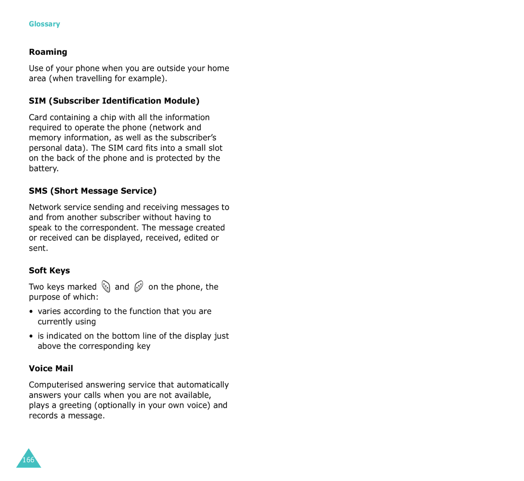 Samsung SGH-X100A manual Roaming, SIM Subscriber Identification Module, SMS Short Message Service, Soft Keys, Voice Mail 