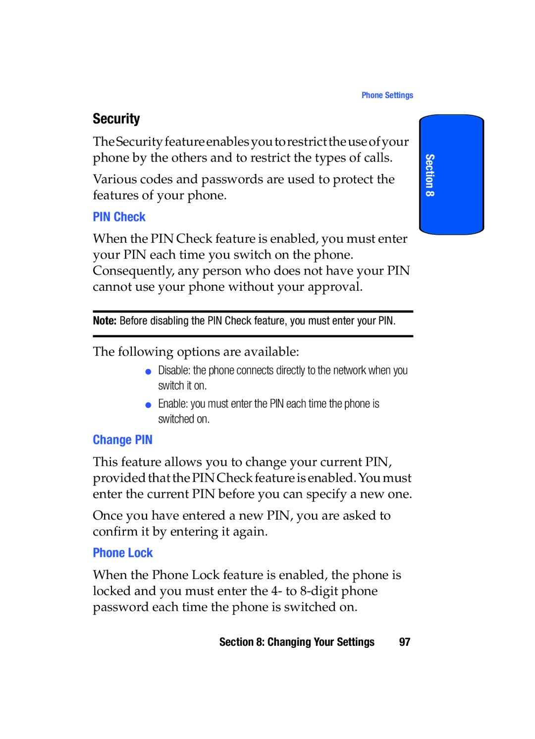 Samsung SGH-x475 manual Security, PIN Check, Change PIN, Phone Lock 